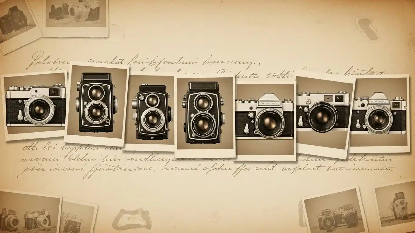 Antique film cameras arranged on vintage background with handwriting