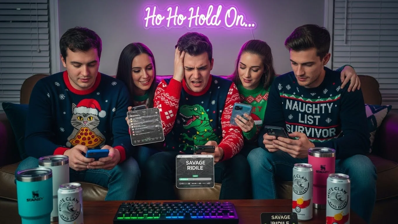 Friends playing virtual Christmas riddles on smartphones during online party