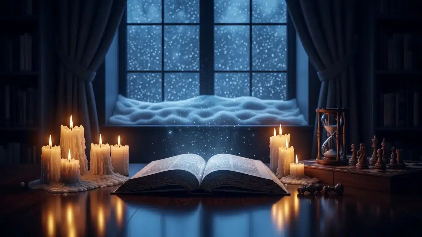 Open book with candles by snowy window for December reading