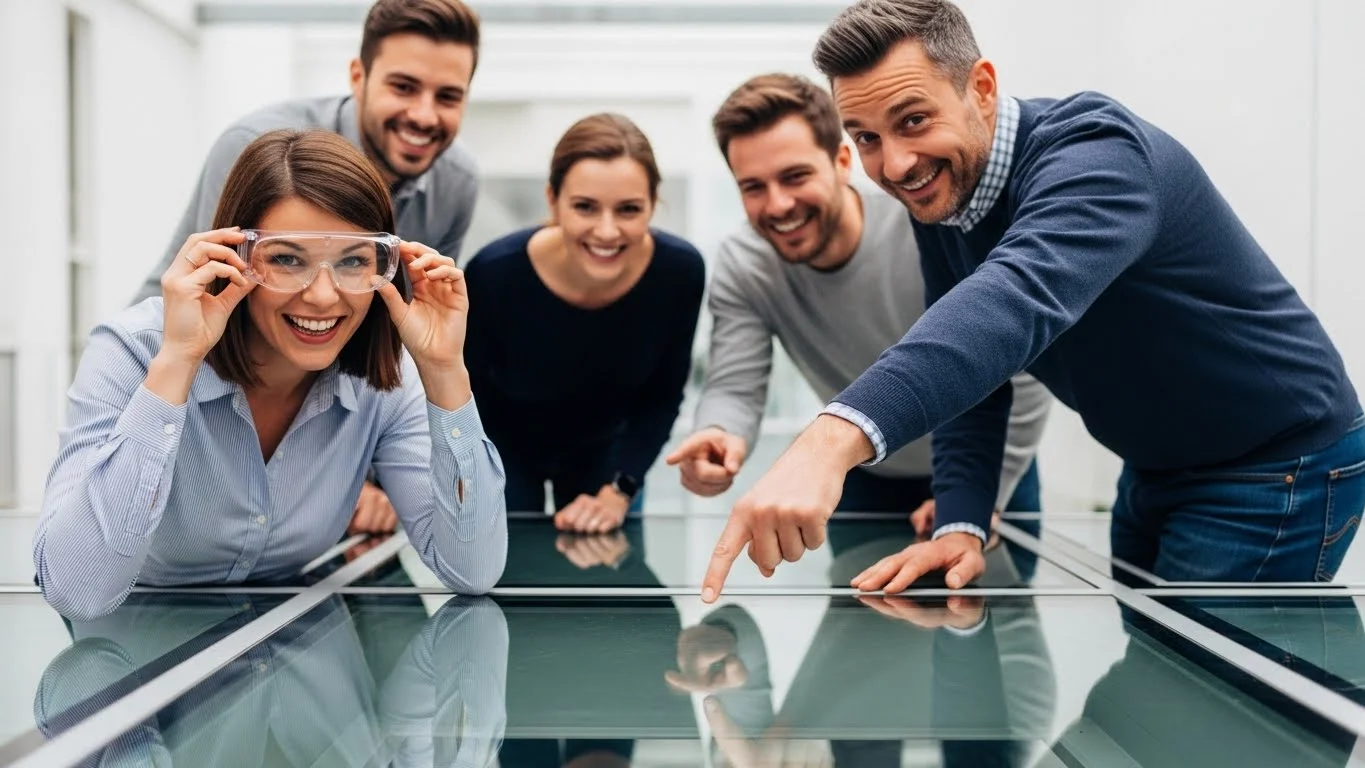 Stop Ignoring Workplace Safety: 125+ Safety Riddles That Could Actually Save a Life. 3 Team of employees learning workplace safety with protective eyewear demonstration