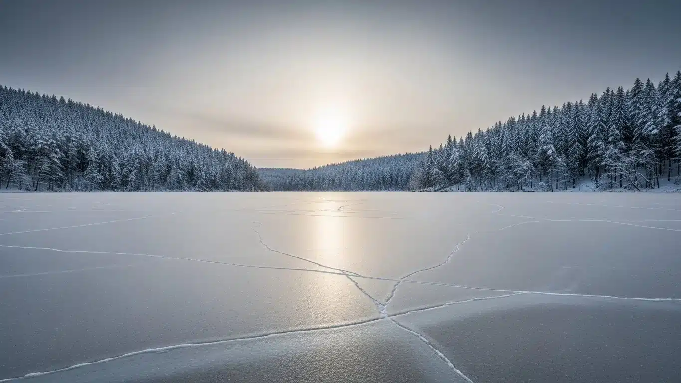 Most People Can't Solve Even 5 of These 125+ New Winter Riddles—Can You? 7 Cracked ice surface on frozen lake surrounded by snowy pines