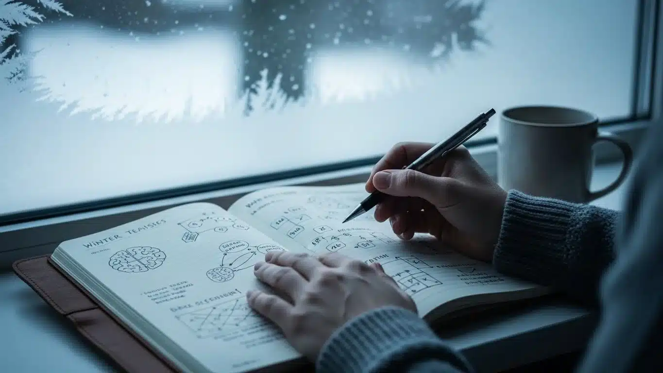 Most People Can't Solve Even 5 of These 125+ New Winter Riddles—Can You? 11 Person writing riddles in journal beside frosted window with snow falling