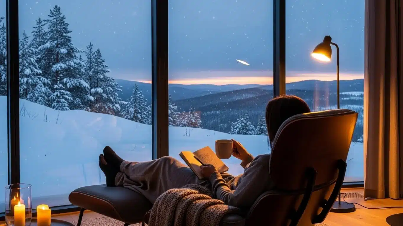 Most People Can't Solve Even 5 of These 125+ New Winter Riddles—Can You? 8 Comfortable reading chair facing snowy mountain vista through large windows
