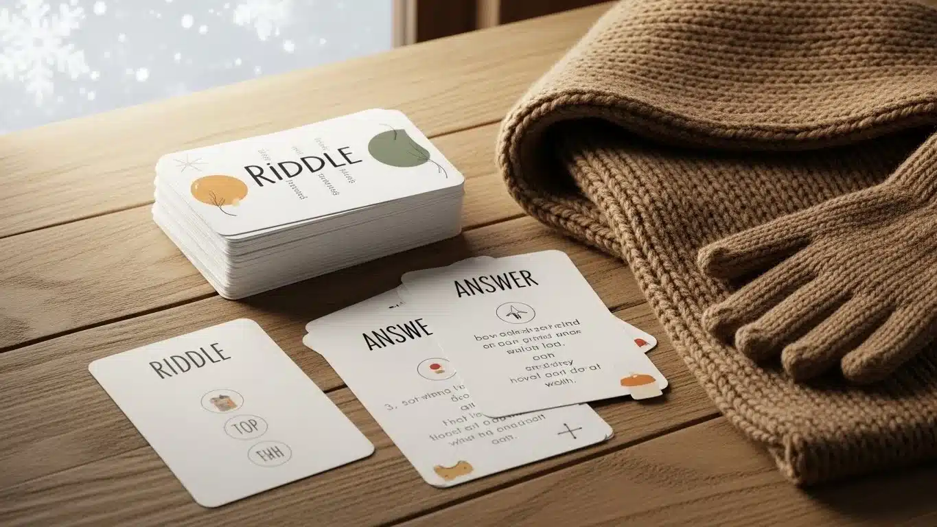 Most People Can't Solve Even 5 of These 125+ New Winter Riddles—Can You? 9 Riddle card game displayed on wooden table with winter theme